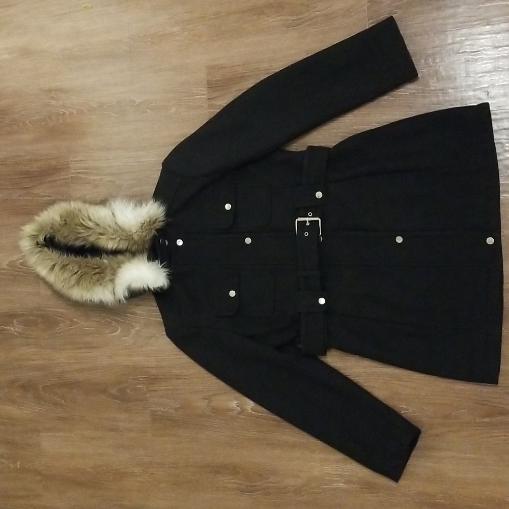 (S) Liz Claiborne Wool Blend Belted Coat Winter Cozy Trench Faux Fur Trim Hood